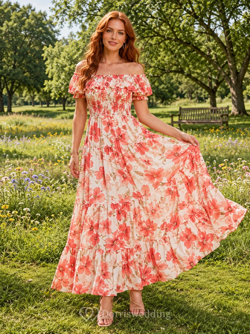 Coral floral off shoulder ruffle A-line park maxi dress