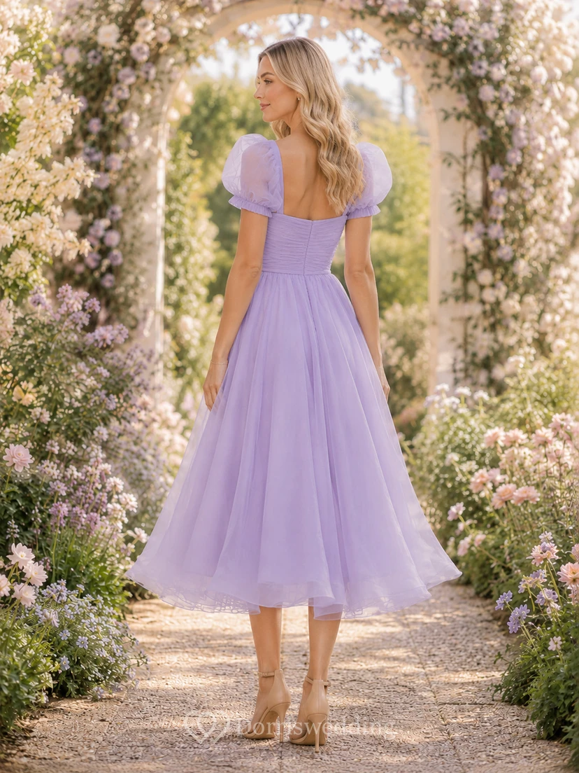 Robe midi trapèze à manches bouffantes et décolleté cœur en organza lavande view 2