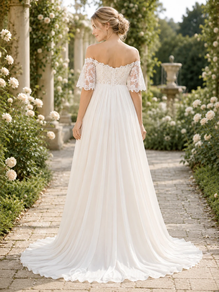 Maternity Wedding Dress Off-the-Shoulder Lace Sleeve A-Line Garden Bridal Gown view 2