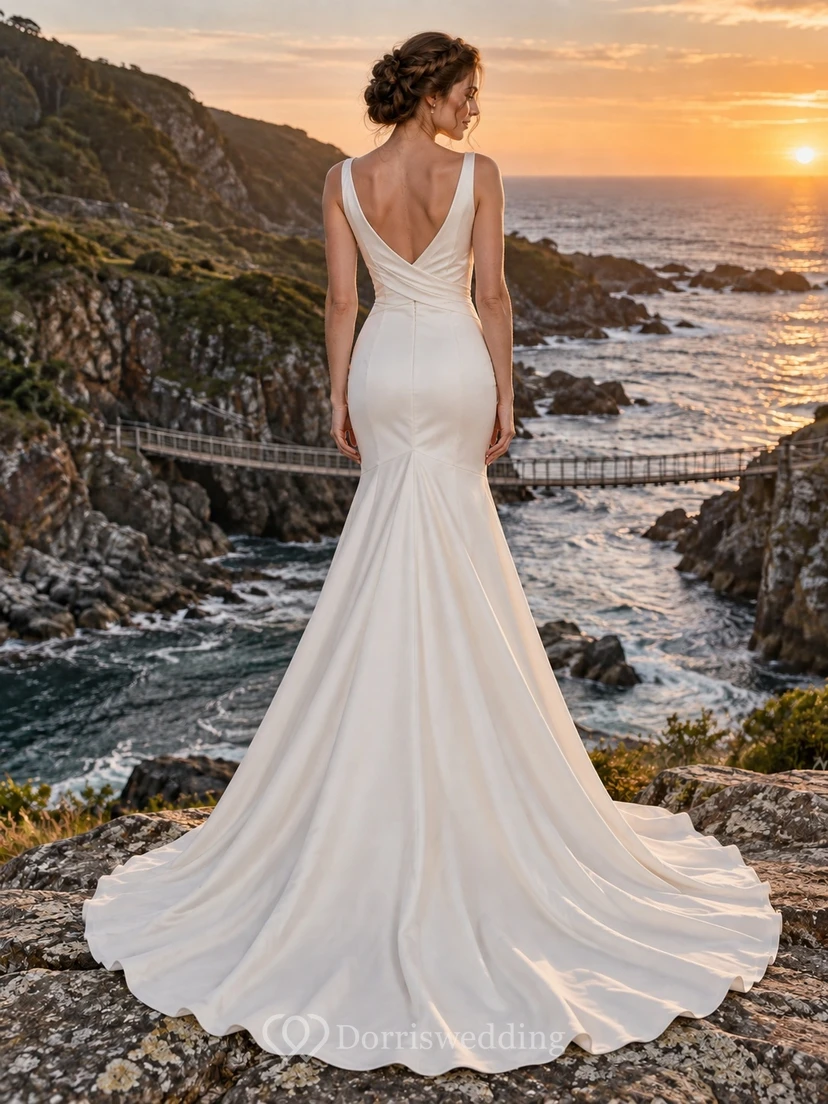 Vestido de novia sencillo de satén con escote en V, estilo sirena, tirantes anchos y drapeado en la cintura. view 2