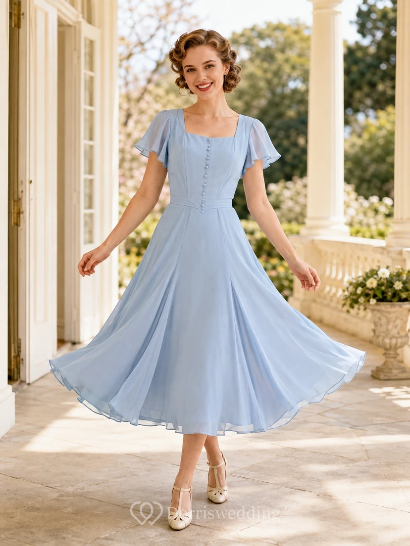 Robe vintage bleu ciel en mousseline, col carré, manches bouffantes, longueur thé, coupe trapèze, col carré et manches bouffantes