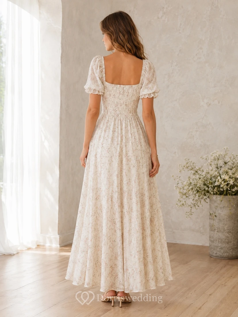 Cream Square Neck Puff Sleeve Floral Lace A-Line Floor-length Formal Dress view 2