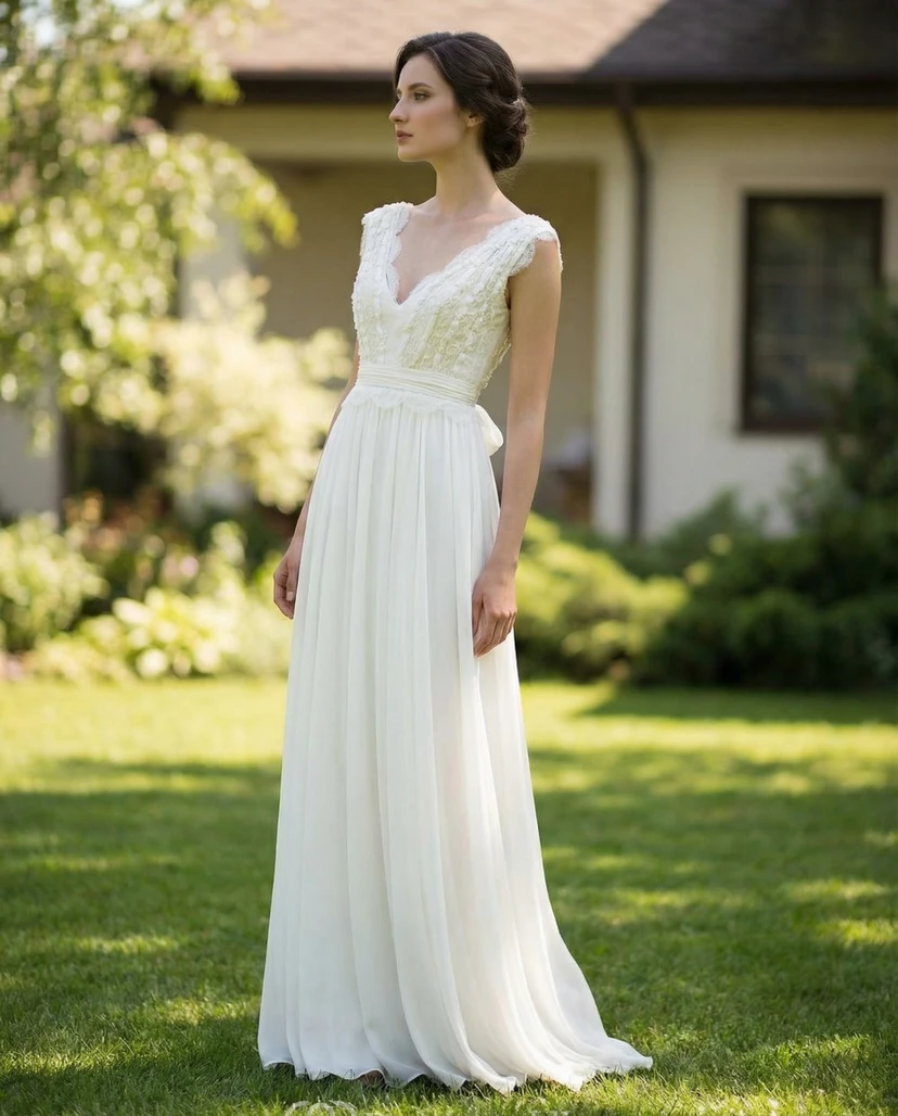 Plunging V-Neck Chiffon Wedding Dress with Lace