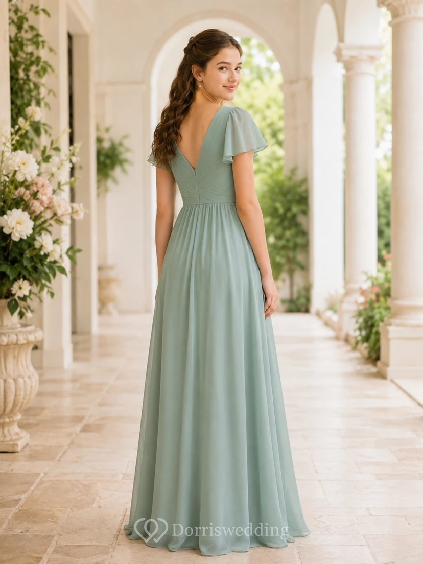 Vestido de dama de honor juvenil color celadón, corte en A, largo hasta el suelo, escote en V, manga corta, detalle de volantes, estilo romántico. view 2