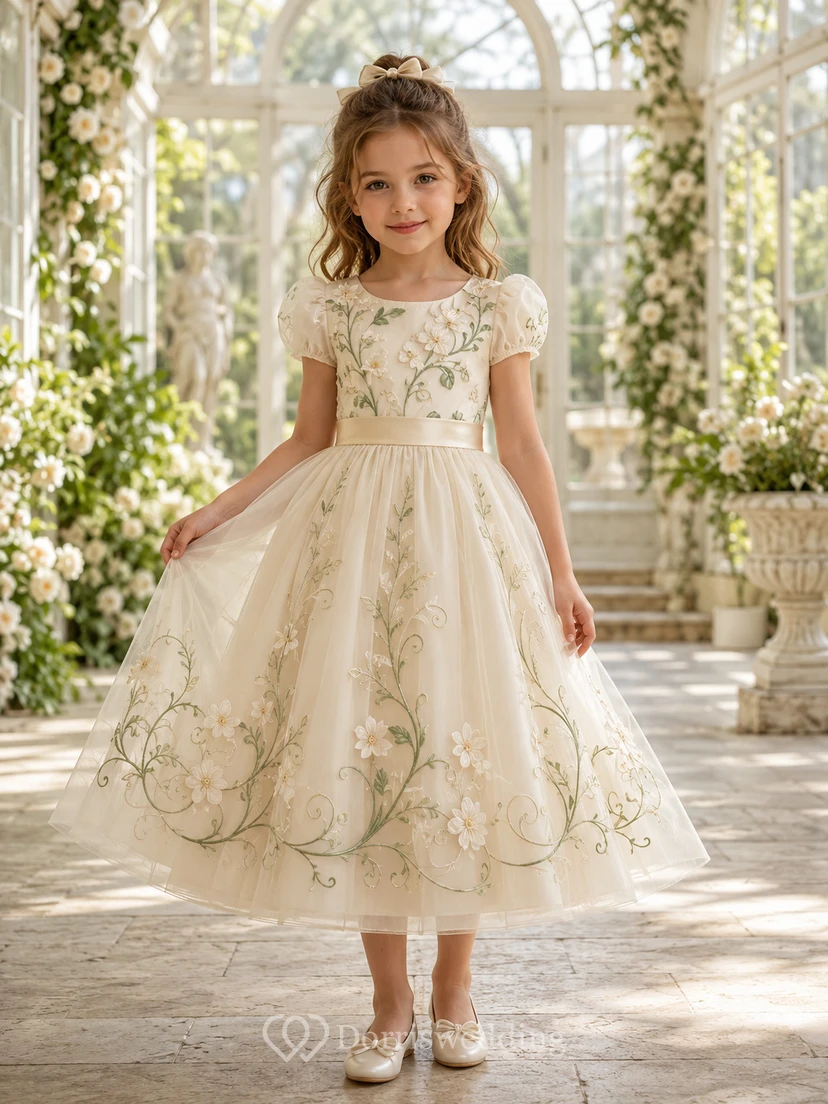 Vestido de niña de flores de corte A, largo midi, con mangas abullonadas y bordado botánico color marfil, con lazo de satén en la cintura.