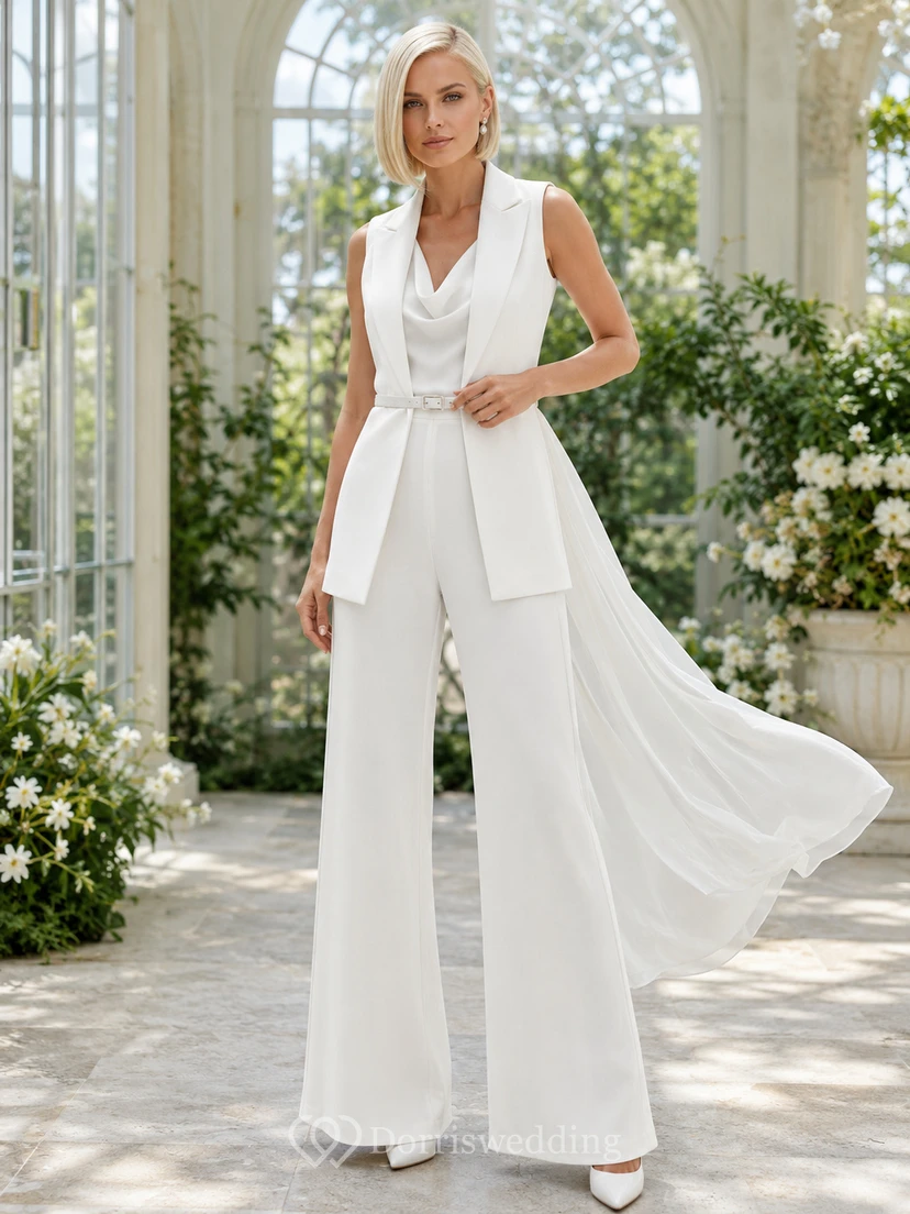 Contemporary Sleeveless Bridal Pantsuit Wide Leg Long Vest Chiffon Cape Train