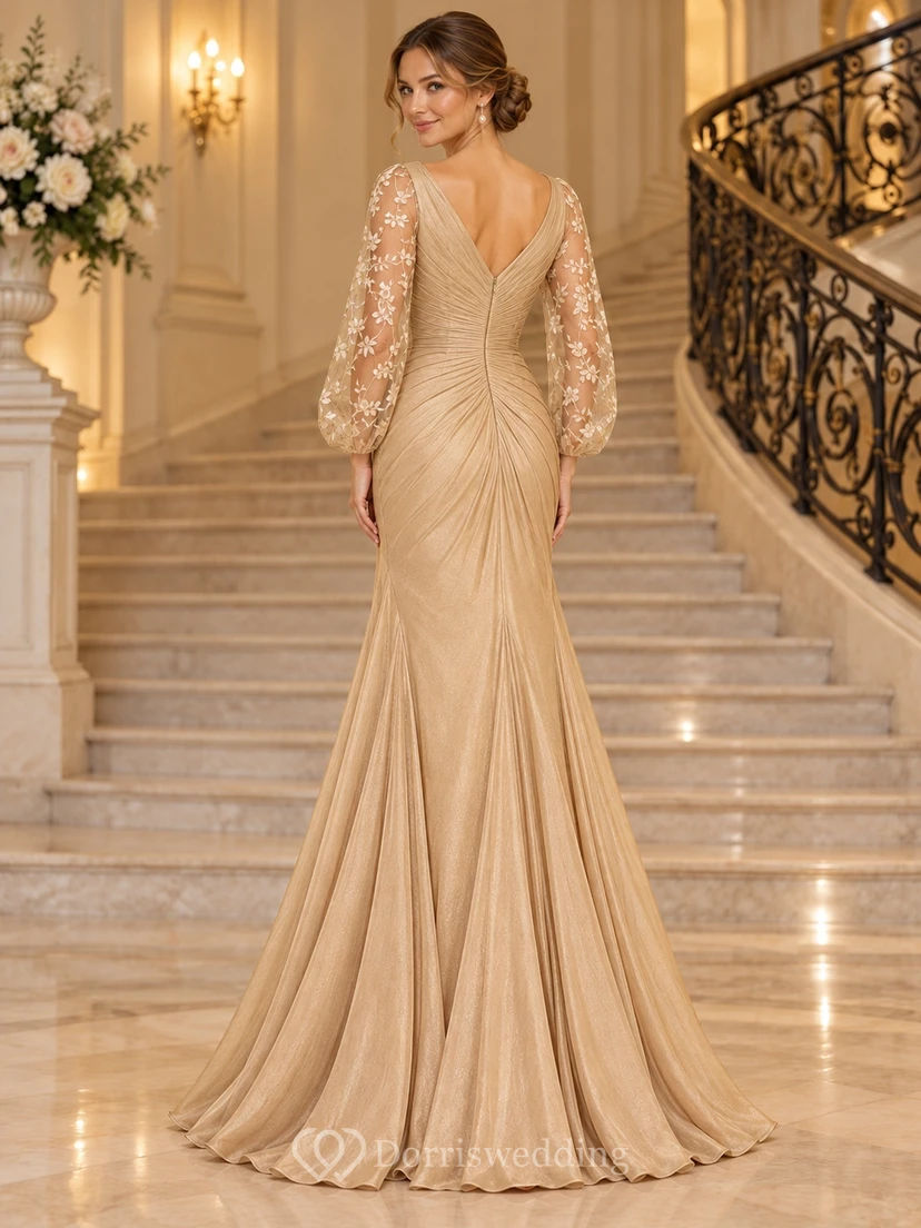 Gold V Neck Embroidered Bishop Sleeve Ruched Waist Evening Gown view 2