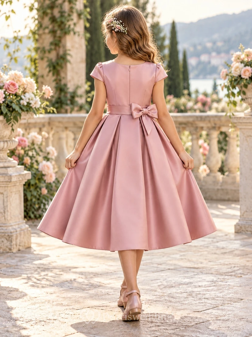 Dusty Rose Cap Sleeve Bow Waist Pleated Tea-length Flower Girl Dress view 2