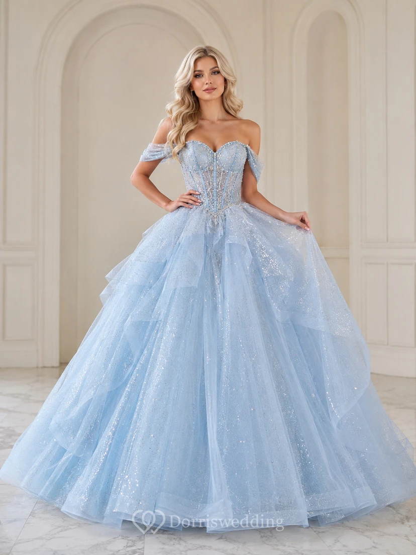 Sky Blue Luxury Off Shoulder Crystal Mesh Layered Tulle Quinceanera Princess Ball Gown