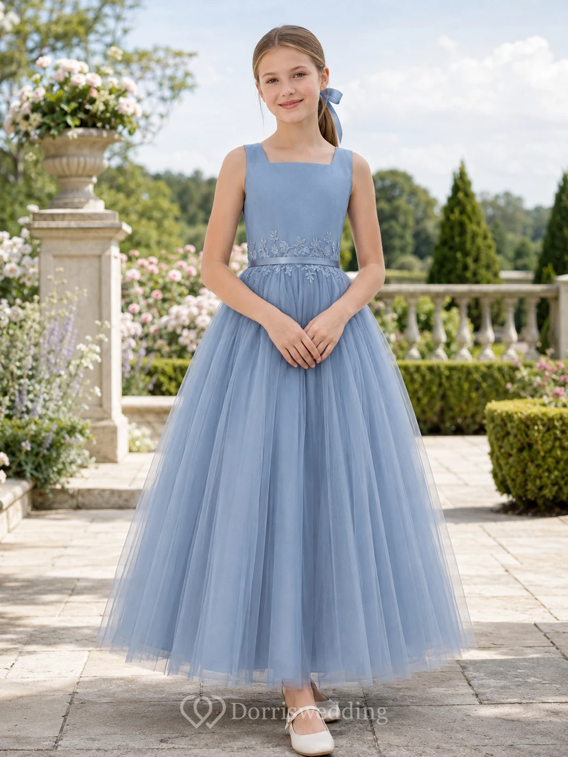 Steel Blue Sleeveless Tulle Floor-Length A-Line Formal Elegant Flower Girl Dress