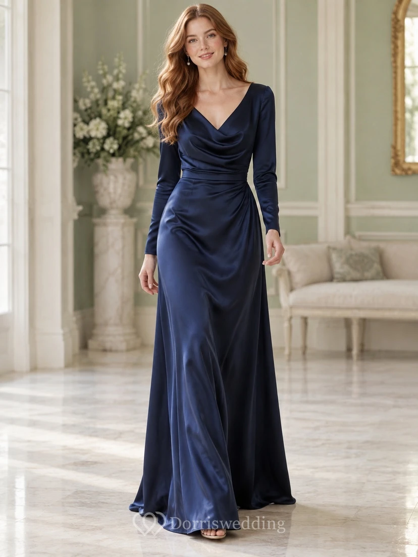 Vestido de noche formal largo hasta el suelo, de satén azul medianoche, con escote en V, mangas largas, drapeado y espalda tipo drapeado.