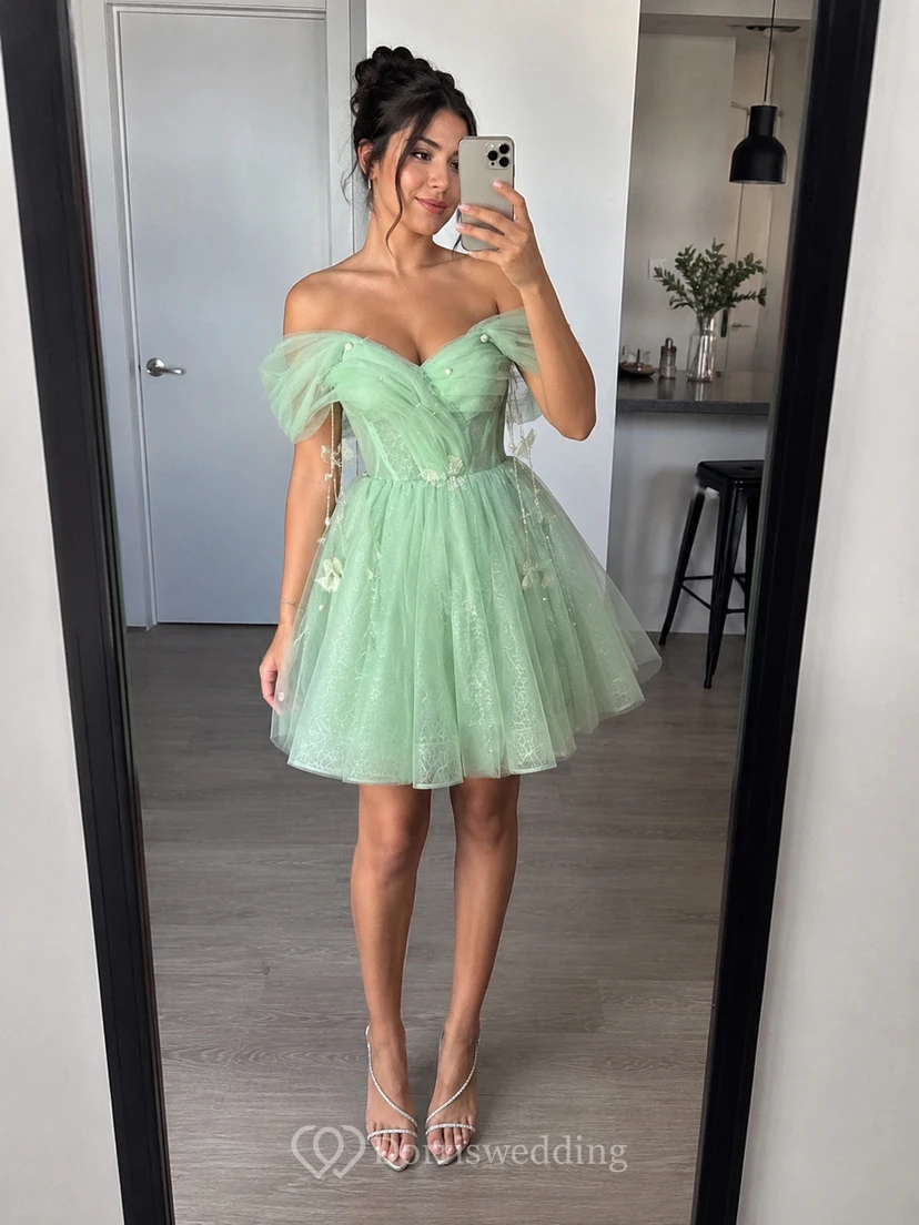 Sky Blue Off-the-Shoulder Tulle Dress with Lace view 10