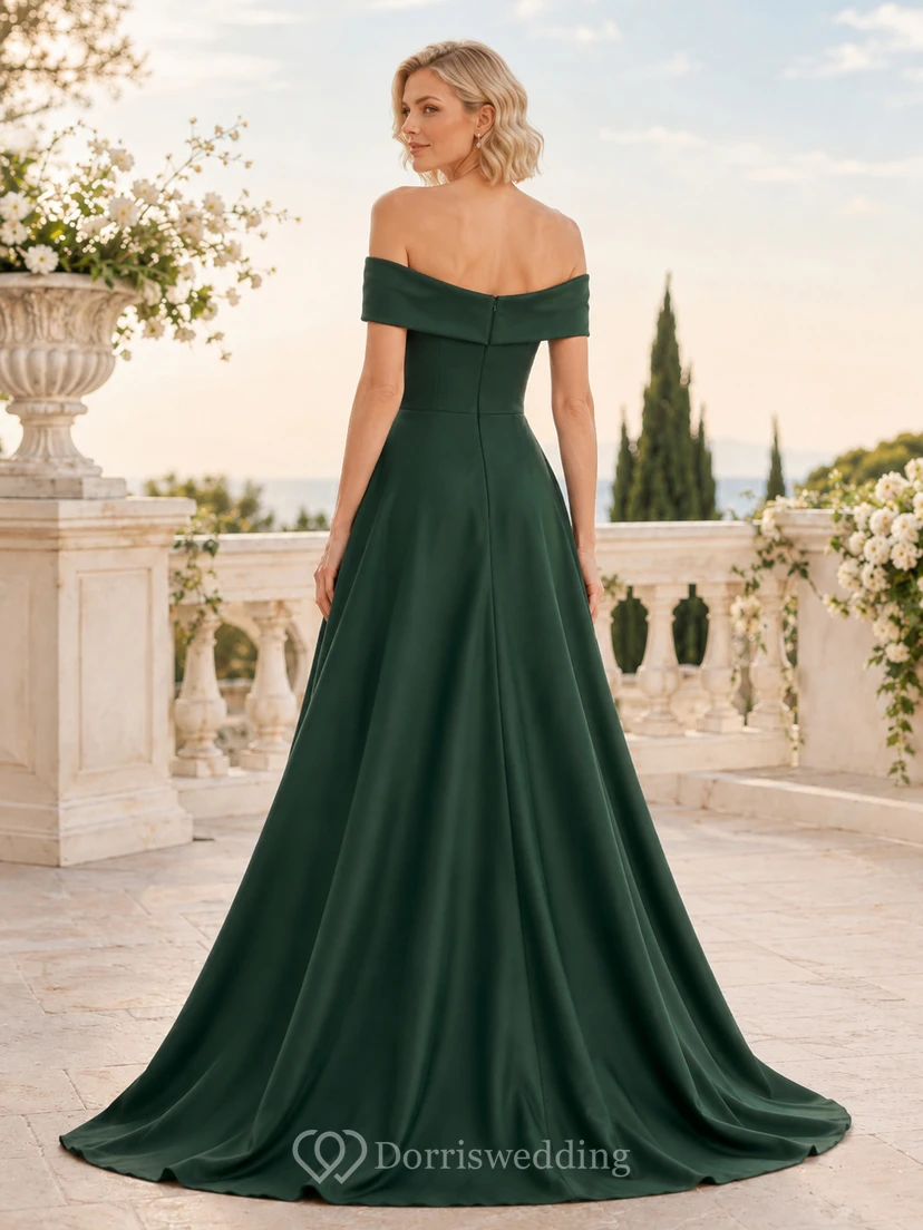 Vestido de novia romántico de satén verde oscuro con escote Bardot y cola de corte A view 2