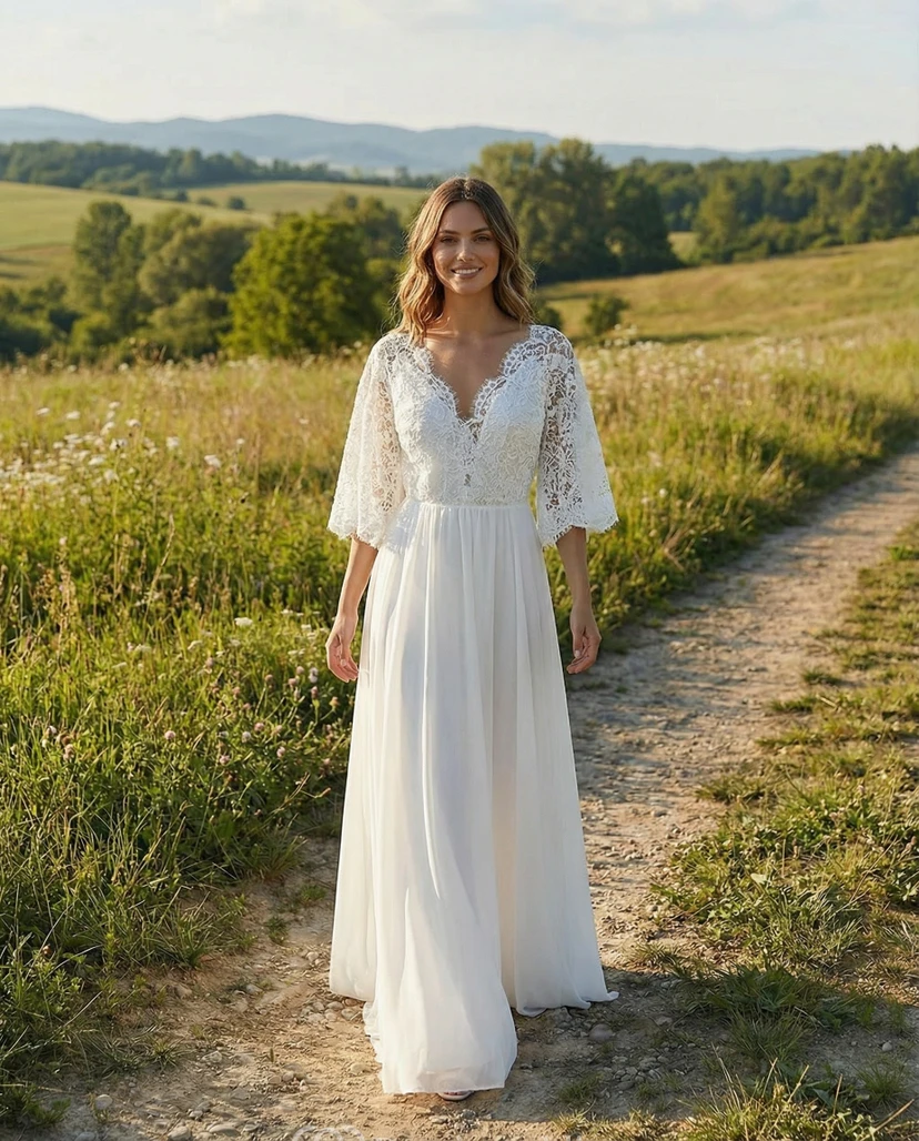Boho-Hochzeitskleid aus Spitze mit V-Ausschnitt und Volantärmeln video preview