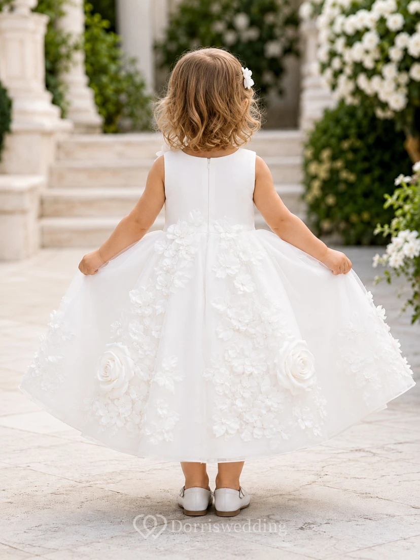 Luxury Baby Baptism Christening Ceremony Gown Ball Gown Tea-Length Jewel Neck Sleeveless Tulle Lace 3D Flower Floral Detail Floral Applique Button Back view 2