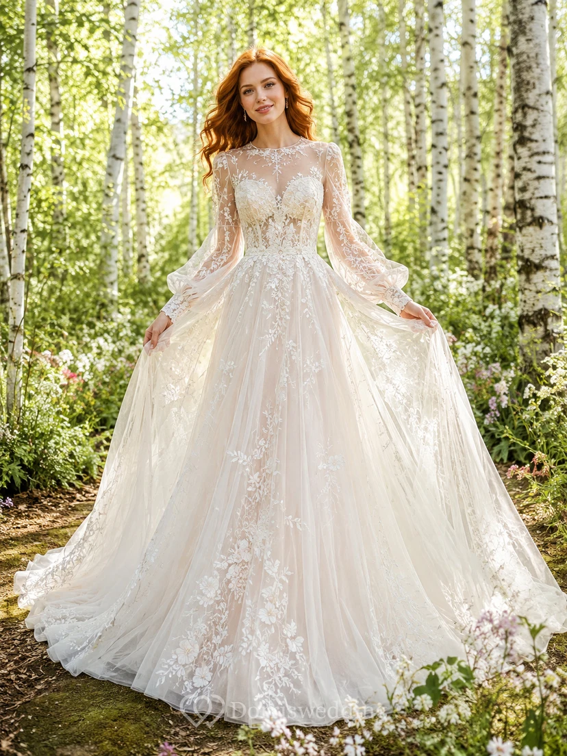 Bohemian Long Sleeve Applique Tulle Forest Bridal Gown