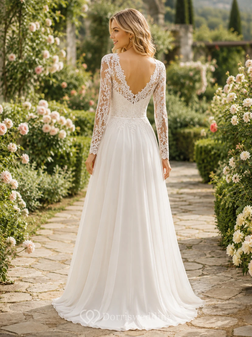 Romantic Long Sleeve Lace A Line Garden Elopement Bridal Gown view 2