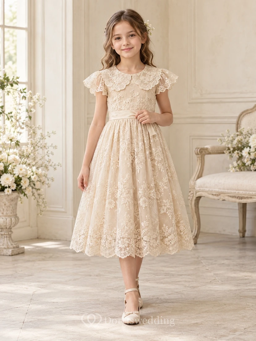 Tea-length Vintage Champagne A-line Lace Flutter-sleeve Scalloped Bow-back Flower Girl Dress