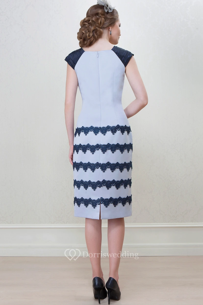 Knee-Length Pencil Square Neck Cap Sleeve Appliqued Satin Mother Of The Bride Dress view 2