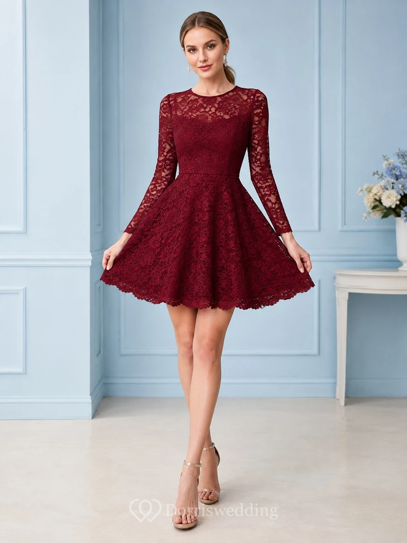 Weinrotes, hochgeschlossenes, kurzes A-Linien-Cocktailkleid mit Muschelsaum und Spitze für den Homecoming-Ball