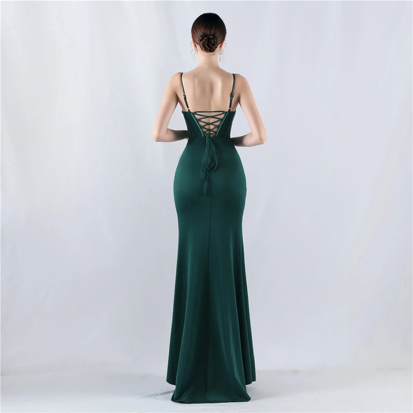 Fishbone Waist Strap Satin Host Meeting Evening Dress view 51