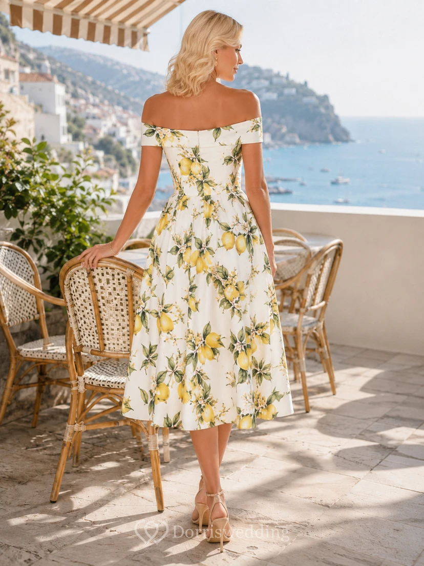 Vestido midi sin tirantes de corte A con estampado de limón y escote corazón, estilo mediterráneo. view 2