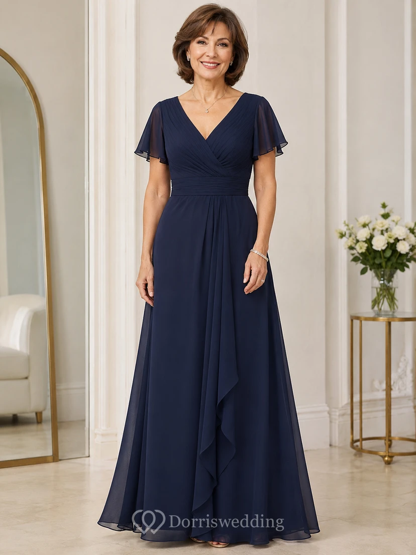Dark Navy V Neck Chiffon Mother Gown Dark Navy V-neck A-Line Floor-length