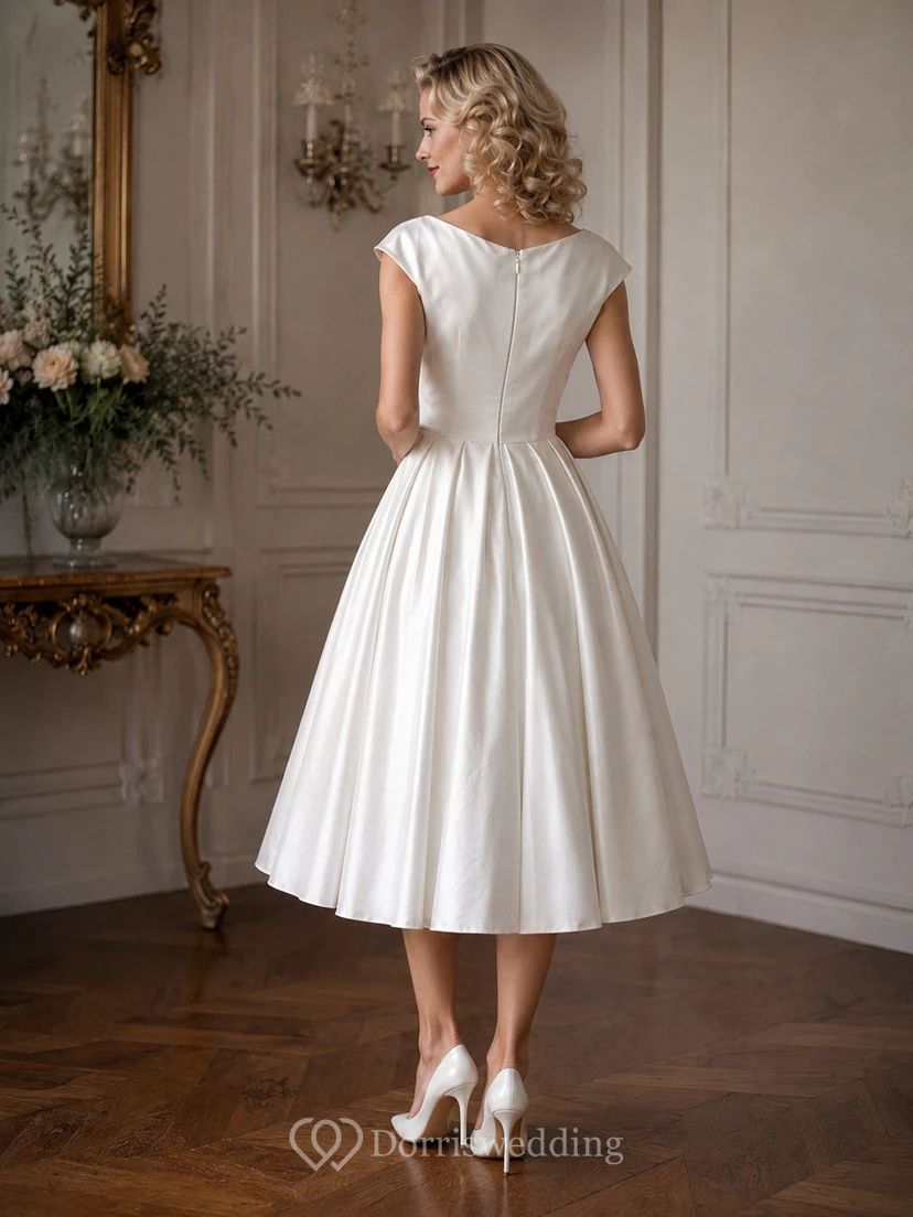 Scoop-neck Cap Satin Empire A-line Tea-length Retro Wedding Dress view 3