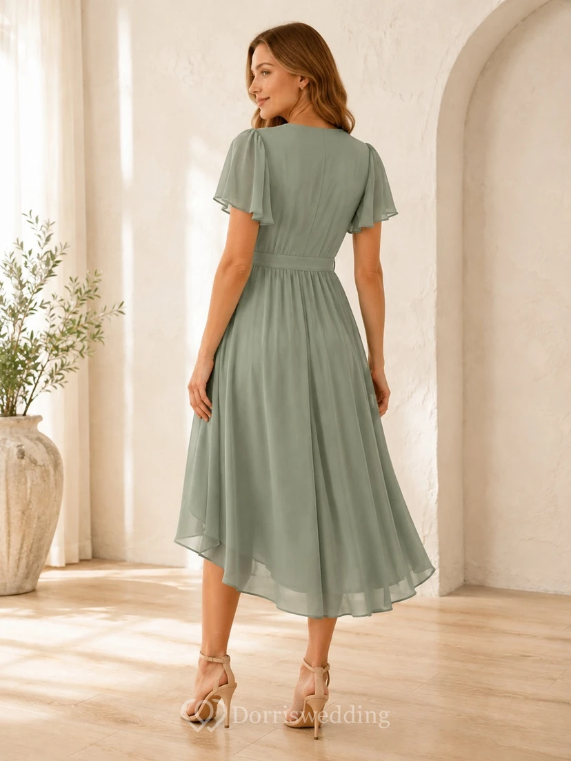Salbeigrünes Chiffon-Wickelkleid mit V-Ausschnitt, kurzen Ärmeln, A-Linien-Schnitt und asymmetrischem Saum view 2