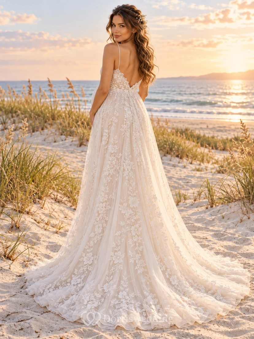 Boho Maternity Spaghetti Strap Sweetheart Floral Tulle Wedding Dress view 2