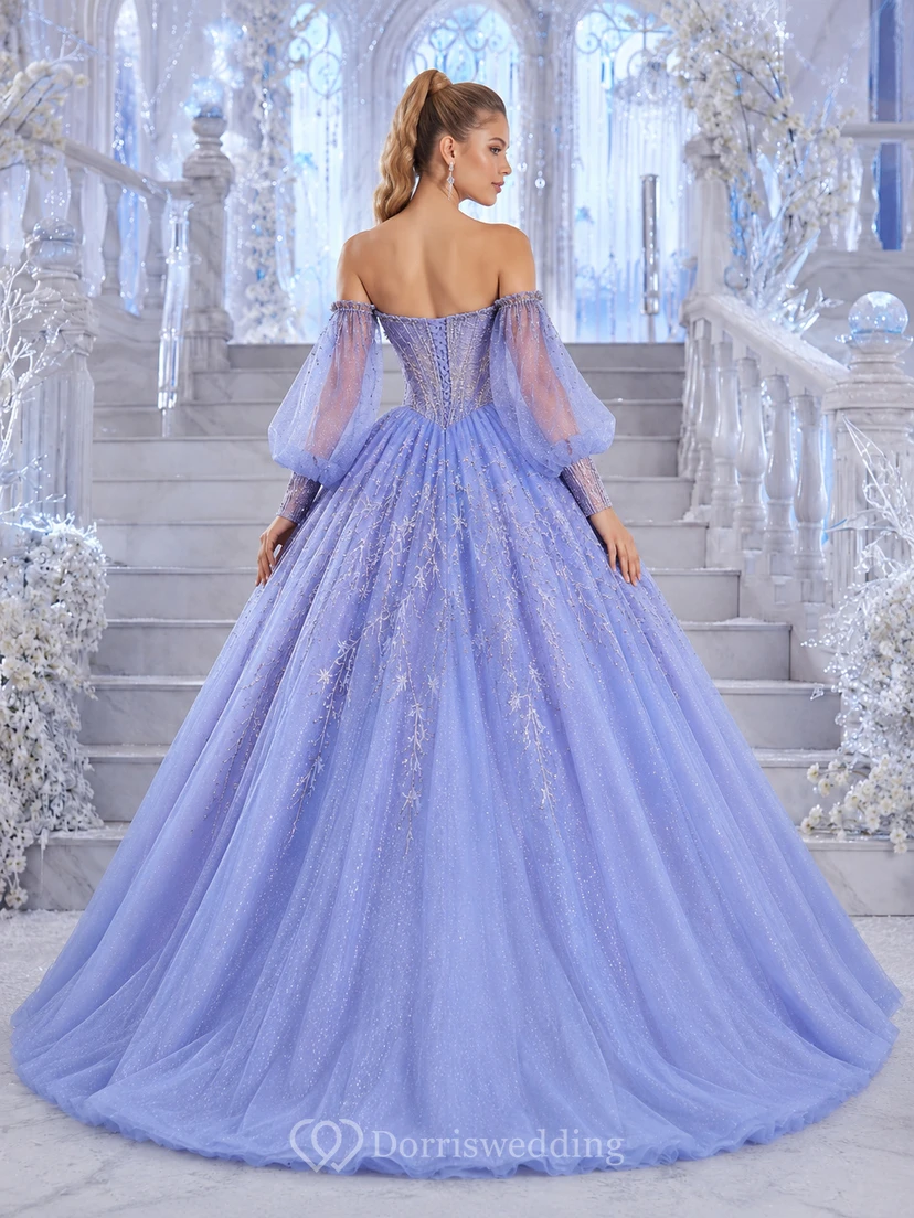 Vestido de baile de princesa de quinceañera Wisteria Luxury con hombros descubiertos y mangas abullonadas con purpurina de cristal. view 2