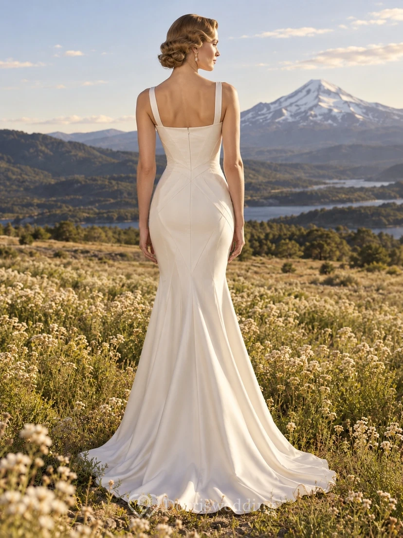 Vestido de novia sencillo de satén de algodón sin mangas con escote en V y corte sirena, con detalles de costura angular. view 2