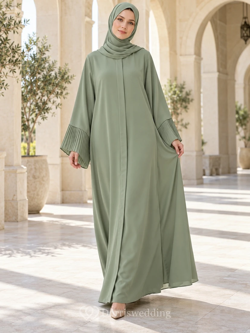 Robe abaya ample à manches longues et poignets plissés, couleur sauge, simple et élégante