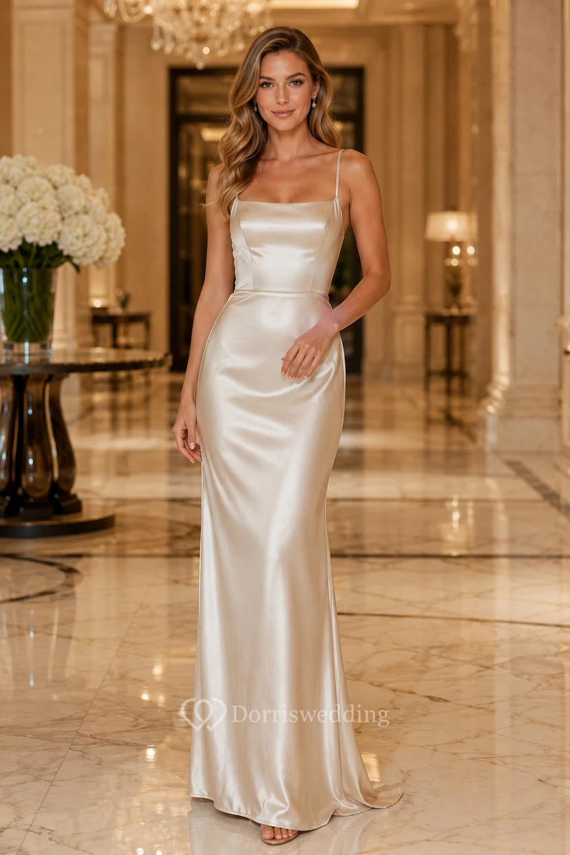 Ivory Spaghetti Strap Satin Sheath Formal Dress