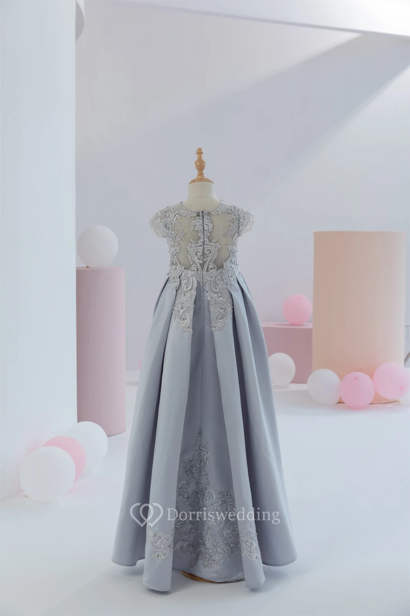 Scoop-neck Short-sleeve Satin Empire Ball Gown Flowergirl Dress with Appliques view 2