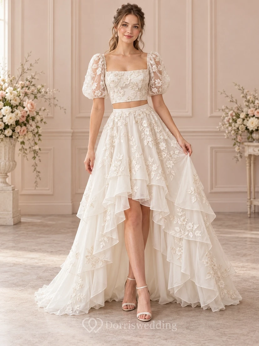Two Piece High-low Square Neck Lace Puff Sleeve Wedding Dress