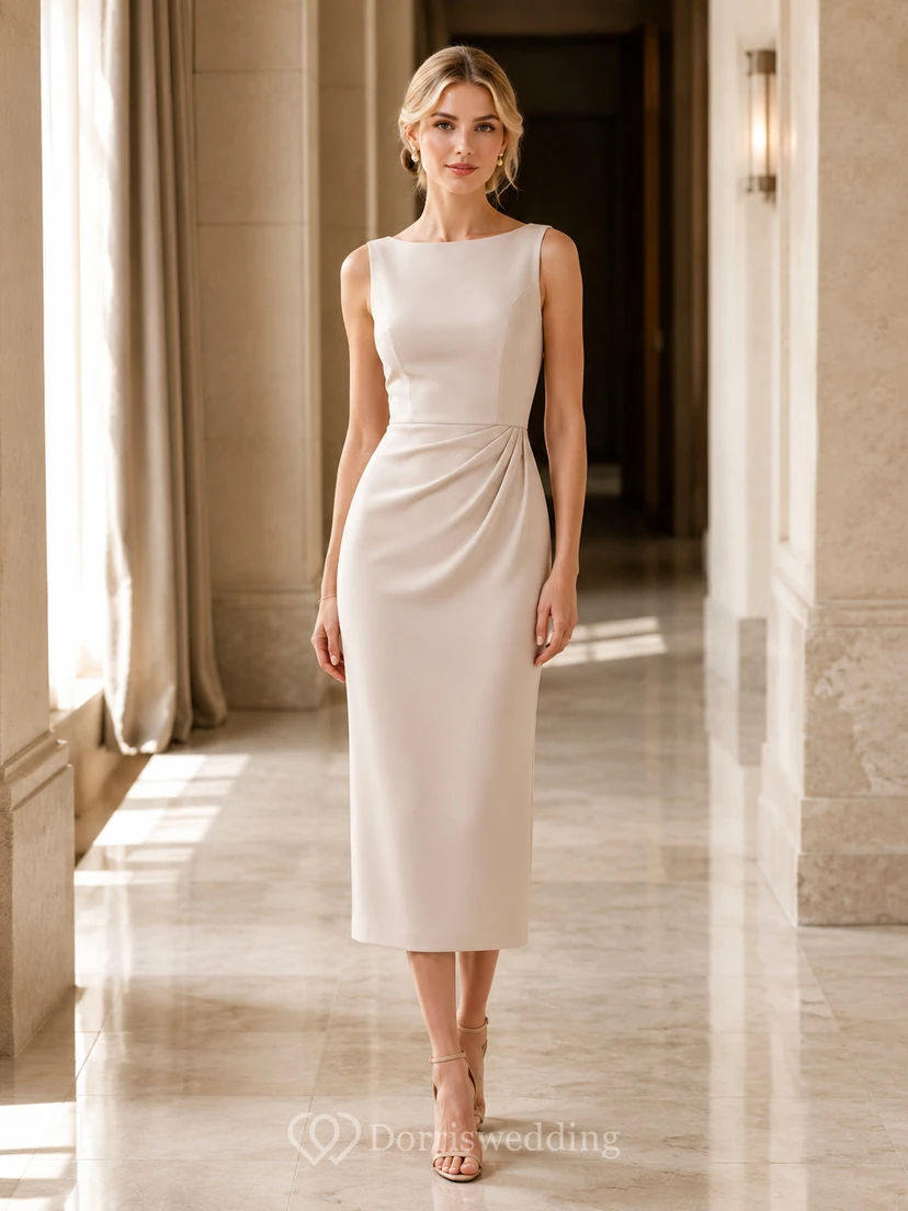 Robe fourreau sans manches en crêpe drapée couleur champagne, longueur cheville, style bateau, élégante et discrète.