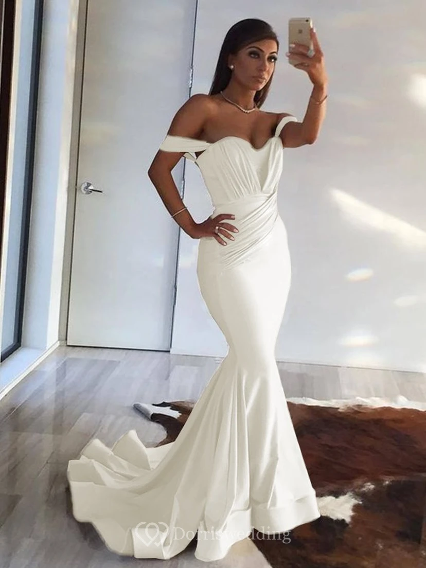 Sexy Mermaid Off-the-shoulder Sheath Champagne Ruched Evening Prom Dress view 8