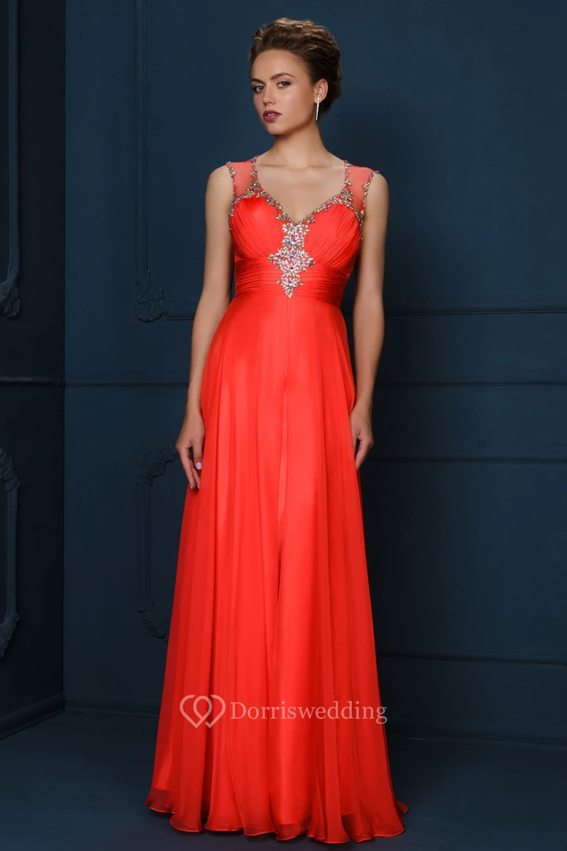 Sheath V-Neck Sleeveless Floor-Length Beaded Evening Dress With Ruching