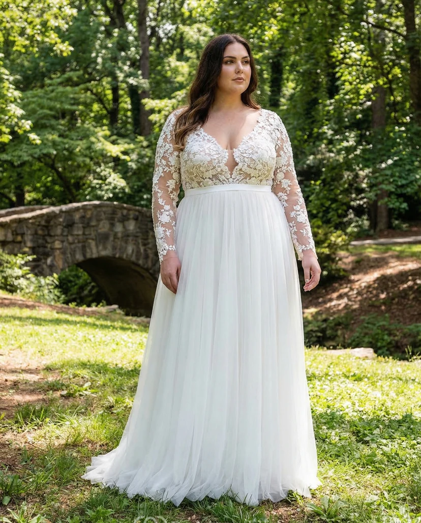 Plus Size Transparentes Brautkleid aus Spitze mit V-Ausschnitt