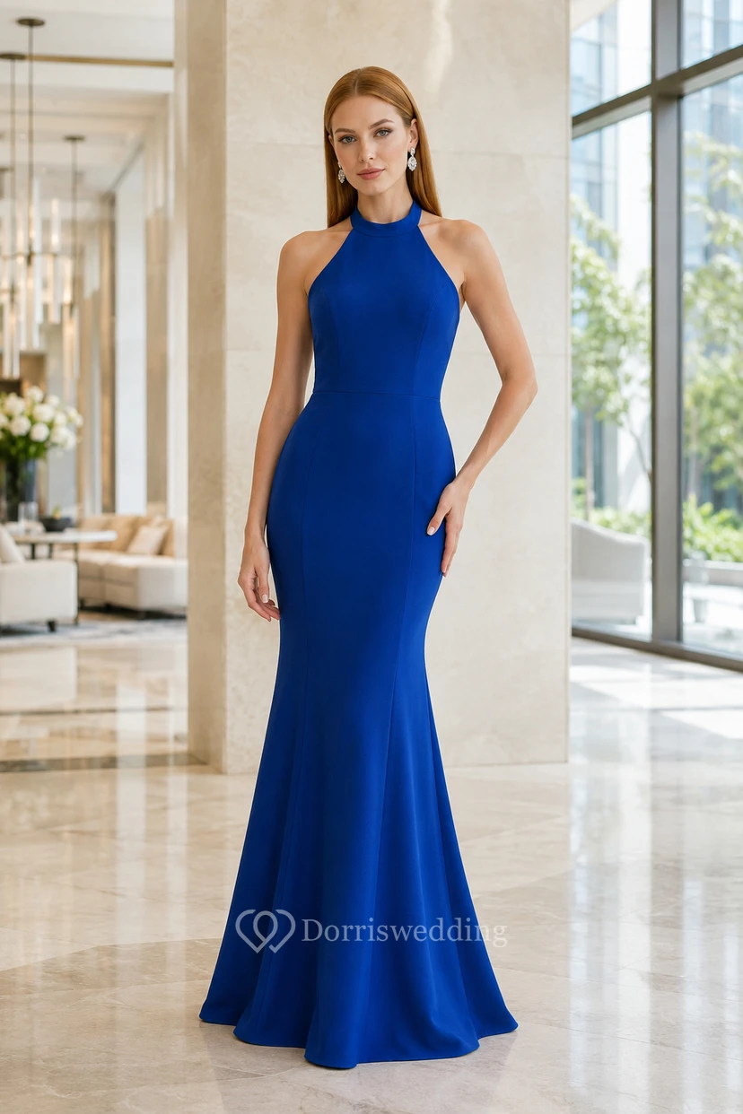 Robe de soirée sirène bleu roi en satin, dos nu, sans manches, longueur au sol