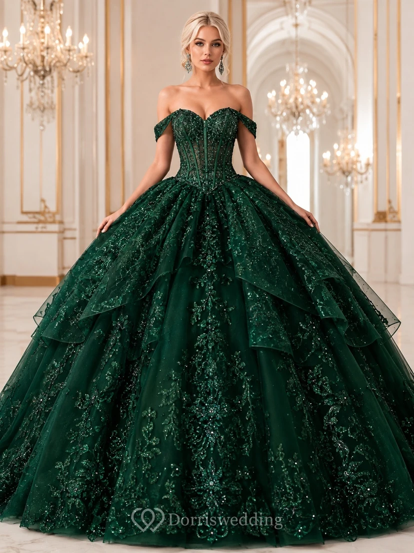 Dark Green Off-Shoulder Corset Lace Ball Gown Floor-Length Luxury Quinceanera Dress