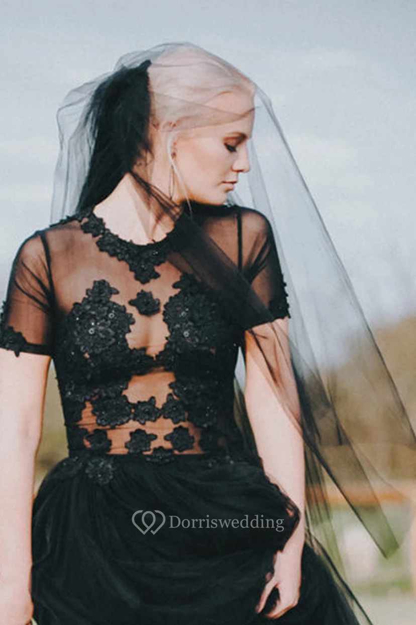 Black Veil Retro Simple Hard Yarn Bridal Wedding Veil New Style Long Tail view 3
