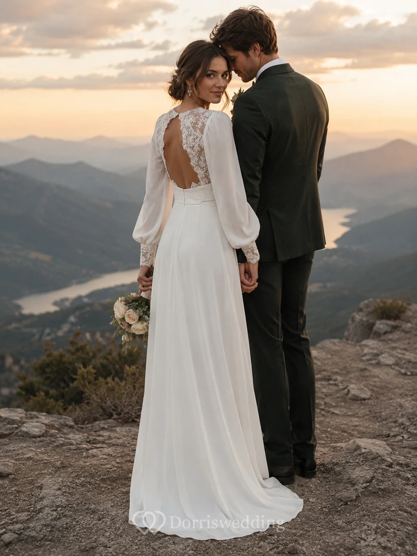 Langärmeliges Chiffon-Brautkleid in A-Linie mit offenem Rücken aus Spitze view 3