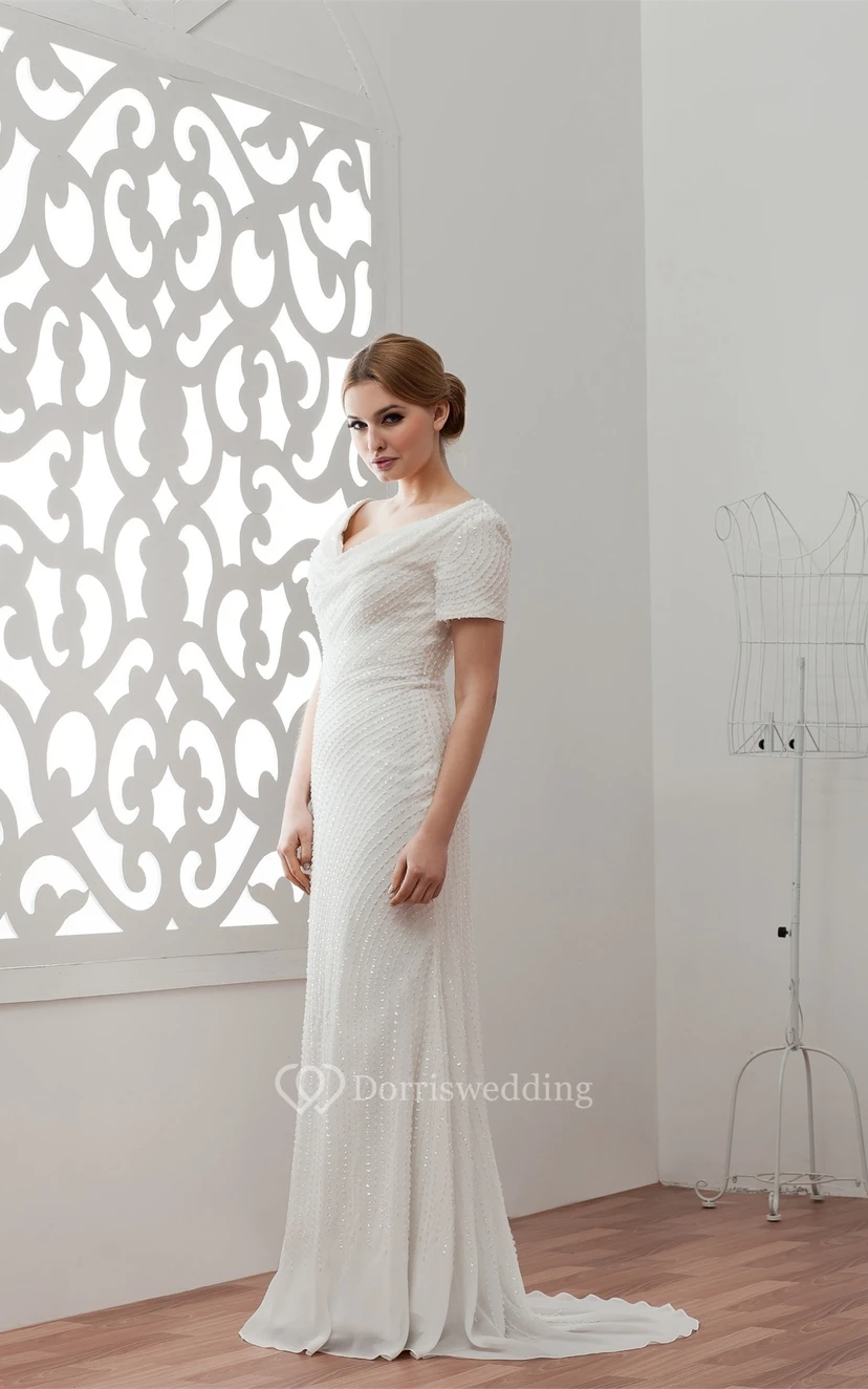 Mini-Sleeve Sheath V-Neck Sweep Train and Dress With Beading view 5