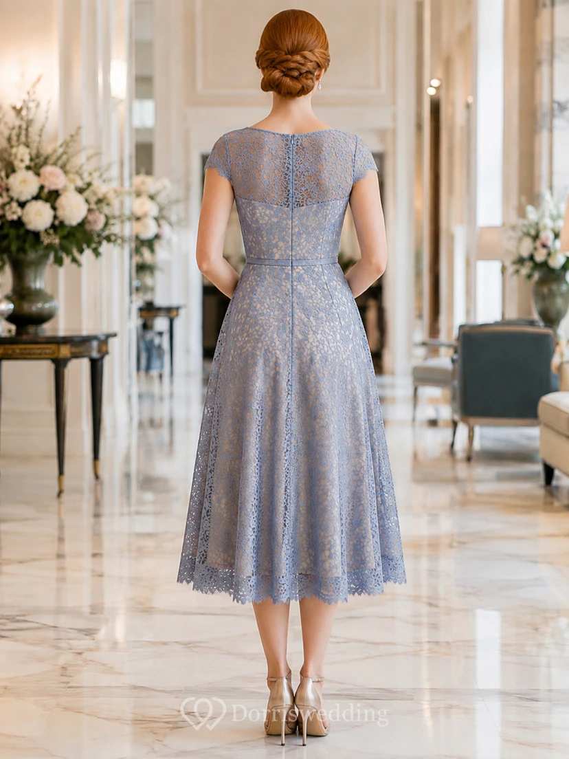 Steel Blue Lace Cap Sleeve Tea Cocktail Dress view 2