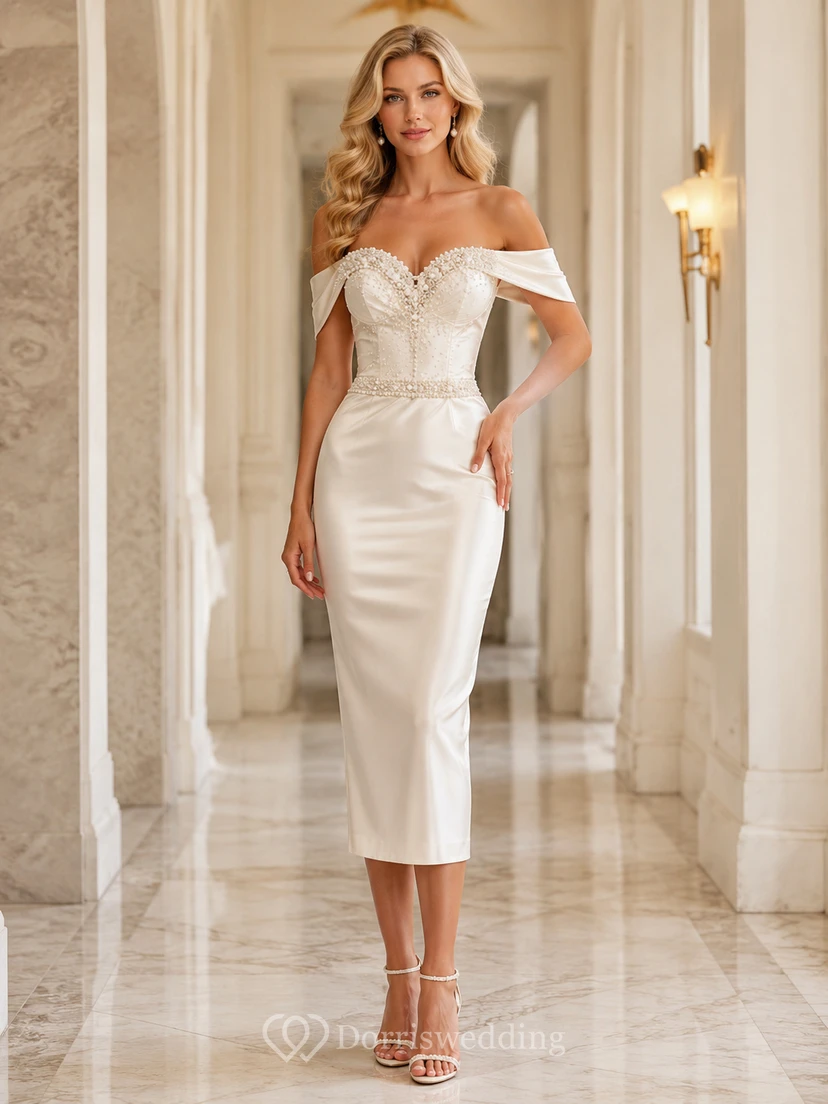 Champagne Off-the-shoulder Pearl Sheath Midi Dress