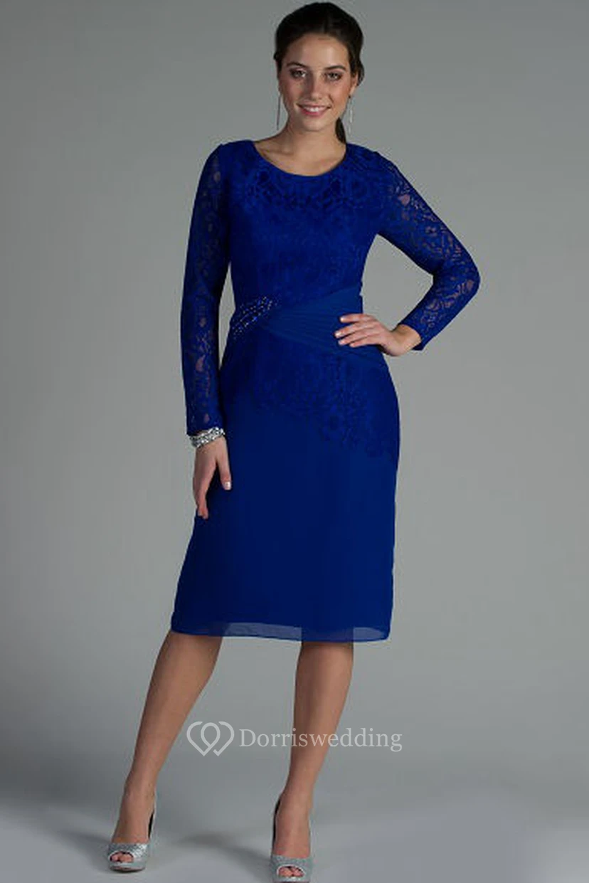 Brautmutterkleid aus Chiffon mit Rundhalsausschnitt, langen Ärmeln und Perlenstickerei, knielang