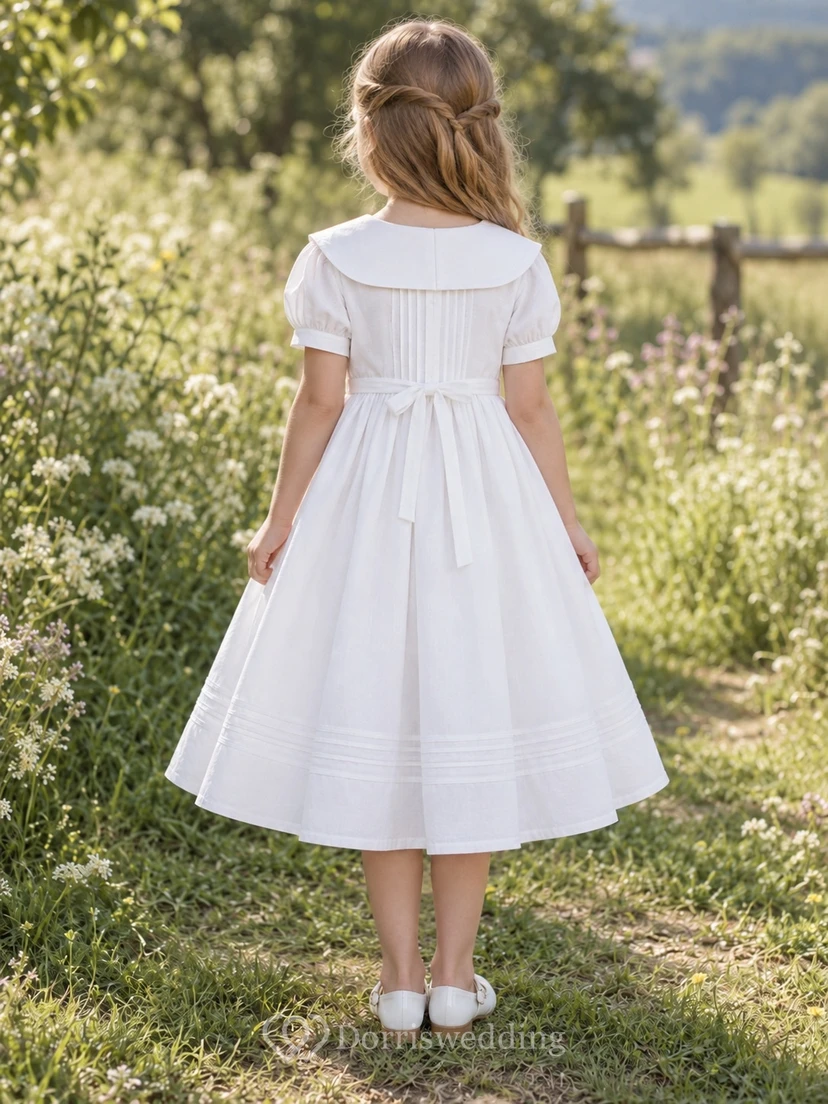 Weißes Baumwollkleid mit quadratischem Ausschnitt, wadenlang, Matrosenärmeln und Puffärmeln, Blumenmädchenkleid view 2