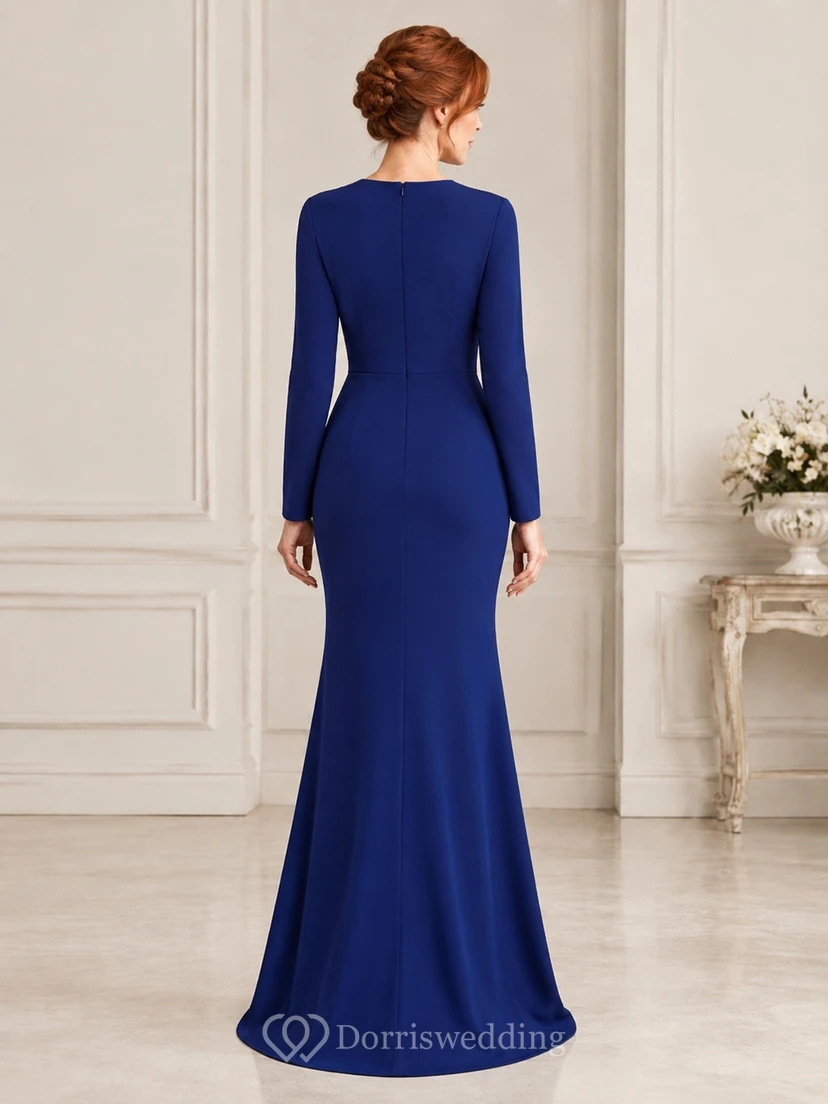 Royal Blue Jersey High-Neck Long-Sleeve Mermaid Floor-Length Formal Dress view 2